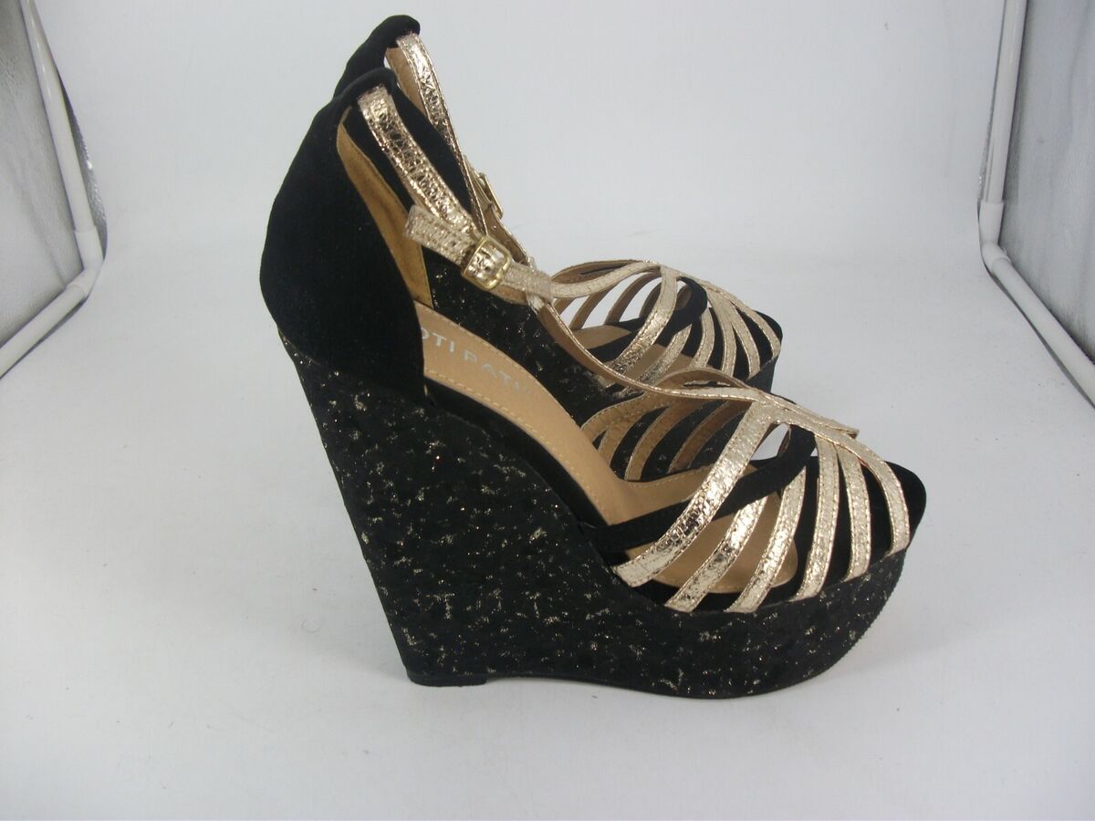 Poti Pati Black and Gold High Wedge T Bar Sandals UK 5 EU 38 JS54 87