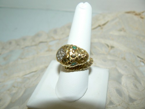 18k Yellow Gold Emerald Eye Diamond Head Viper Cobra Snake 13.6 gram Ring SZ8.75 - Picture 2 of 12