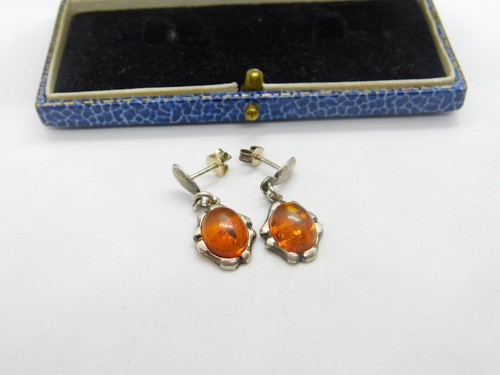 Paar Sterlingsilber & Cabochon Ostsee Bernstein Tropfen Ohrringe Vintage c1960