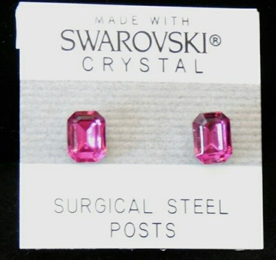 Pink Emerald Rectangle Earrings 8mm Dark Crystal Stud Made with SWAROVSKI