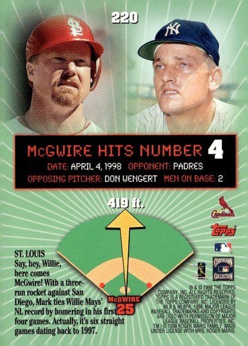 1999 TOPPS HOME RUN PARADE RECORD #220 MARK MCGWIRE HOMER #4 SINGLES SET BREAK - Picture 2 of 2