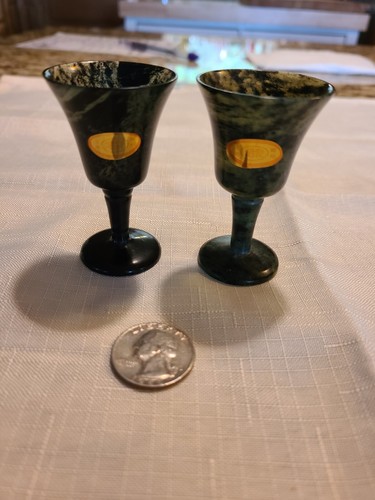Set 2 Miniature Asian /Chinese 2" Iridescent black&green spinach Jade goblets - Picture 2 of 8