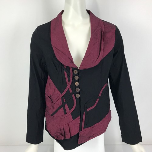 Chi Skirt Jacket Suit Black Size 12 14 Burgundy Trim Ruched Applique Detail - Picture 2 of 21