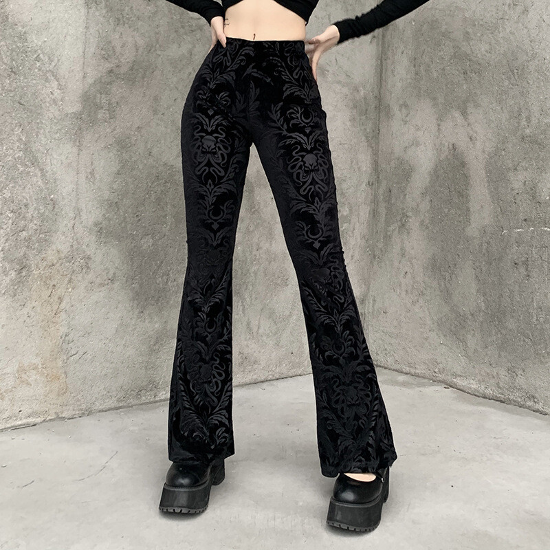 Lady Floral Velvet Bell Bottoms Flare Pants Trousers Black Gothic Fashion  Casual