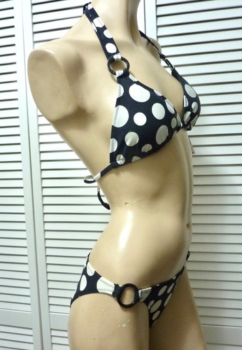 NWT $108 DKNY Donna Karan NY Swimwear Bikini LARGE Ivory Polka Dots on Black - Picture 7 of 9