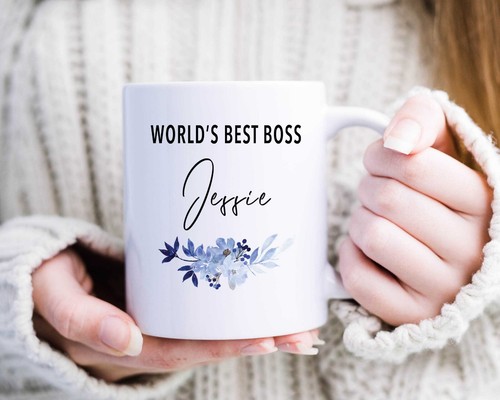 101000 Personalized Name World's Best Boss Blue Floral Ceramic Coffee Mug 11oz - Picture 2 of 17