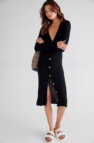 Free People Date Night Cardi Black Button Front Long Rib Knit XS NWT $128 - Bild 5 von 6