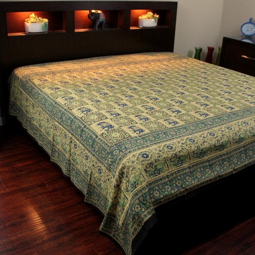 Cotton Block Print Tablecloth Elephant Green Blue Batik Kitchen Dining Linen - Picture 5 of 8