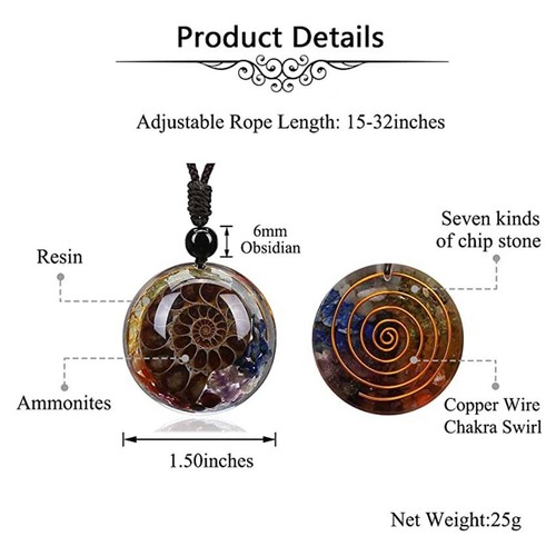 Natural Ammonite Fossil 7 Chakra Orgone Cabochon Orgonite Reiki Pendant Necklace - Picture 8 of 15