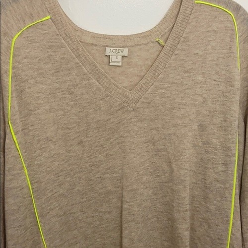 J Crew Women Wool blend light sweater pullover beige neon piping v-neck top $78 - Picture 3 of 12