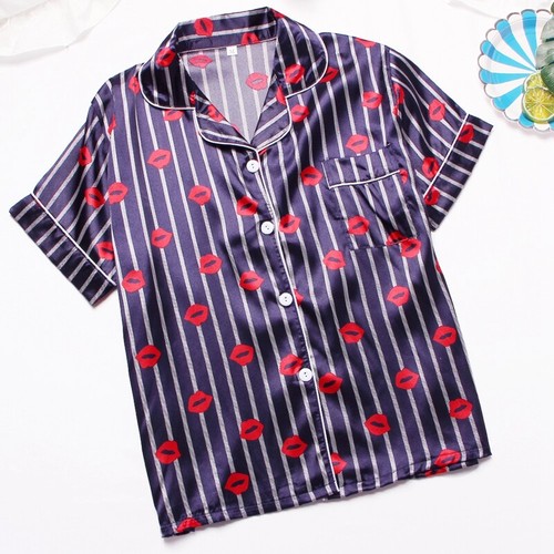 Women's Short Sleeve Silk Pajamas Set Print Satin Sleepwear Homewear Nightwear - Picture 42 of 251