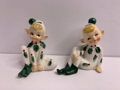 2 Holly Berry Vintage Christmas Pixie Elf Figurines