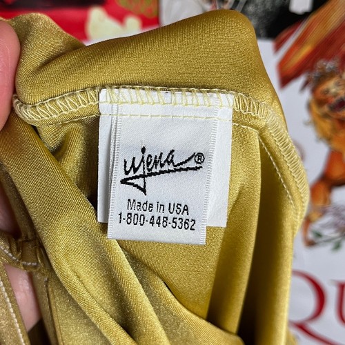 Vintage 90s Metallic Gold Ujena Nylon Spandex Deep V Club Disco Mini Dress Medium - Bild 13 von 16