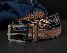 Beaded Western Belt Cowboy Rodeo Full Grain Leather Hand Tooled Removable Buckle