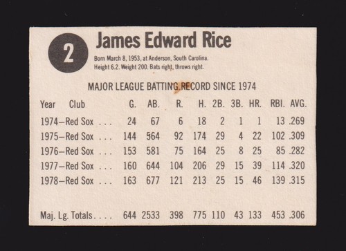 1979 Hostess #2 Jim Rice Boston Red Sox ex como nuevo A - Imagen 2 de 2
