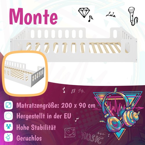 Cama de suelo Monte 90x200 cm blanca protección contra caídas cuna Montessori cama juvenil - Imagen 5 de 10