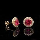 2Ct Halo Red Lab-Created Ruby & Diamond Round Stud Earrings 14k Yellow Gold