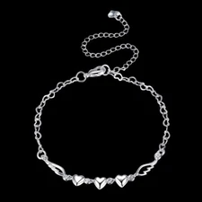 Womens 925 Sterling Silver Love Heart Link Chain Foot Ankle Bracelet #AB02