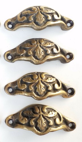 4 Ant. Vict.Style Brass Apothecary Cabinet Pull Handles 2-3/8"ctr. Oak Leaf #A3 - Picture 1 of 12