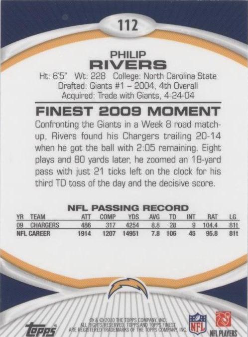 2010 Topps Finest Philip Rivers #112