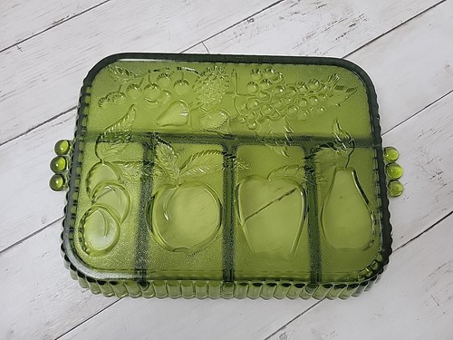Vintage Fruits Green Embossed 5 Part Divided Relish Tray Platter Indiana Glass - Picture 4 of 4