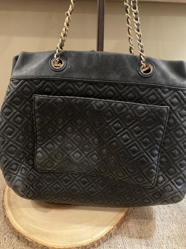TORY BURCH QUILTED FLEMING BLACK CHAIN TOTE BAG PURSE - Foto 8 di 14