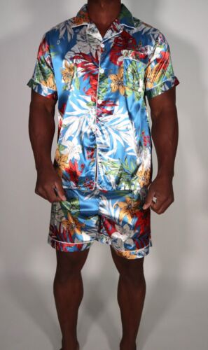 NEW MEN'S 2 PIECE BLUE PRINT SATIN PAJAMA SET ADULT L - Picture 2 of 5