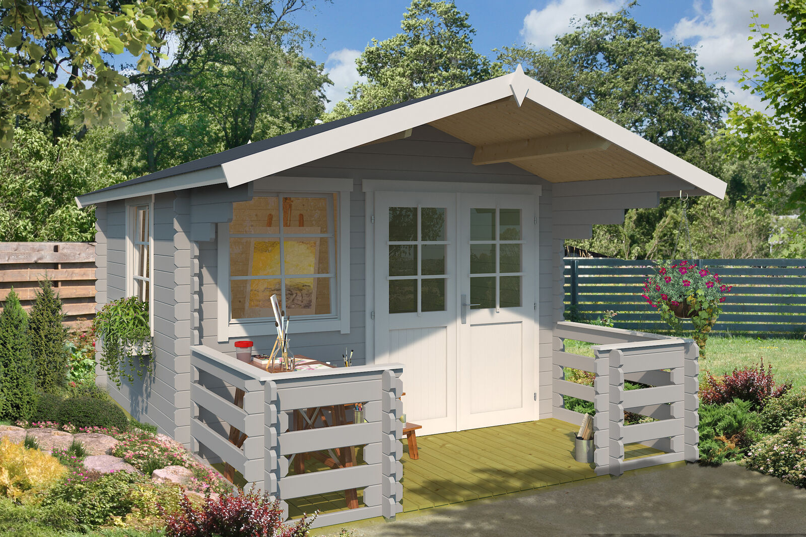 Gartenhaus Blockhaus Satteldach 28 mm Lola 2 grau 320x320 cm Lasita