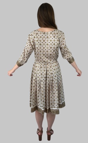 50's Vintage Cream Brown 3/4 Sleeve Ladies Pleated Abstract Floral Dress Retro - Picture 2 of 22