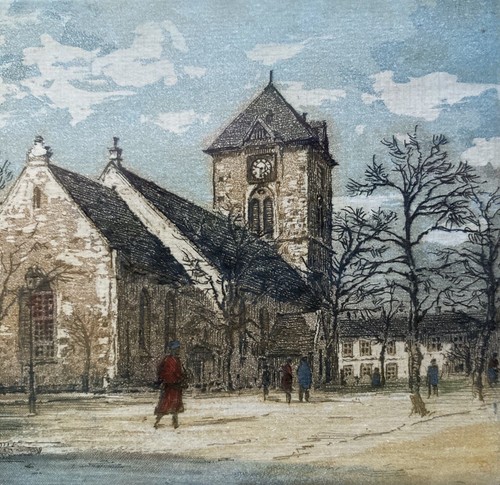 Grabado aguatinta vintage "Vår Frue Kirke" firmado Freöfer - Noruega - marco 8"x9" - Imagen 7 de 14