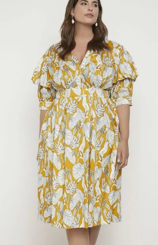 Eloquii Yellow Tropical Toucan Print Midi Dress Puff Sleeves Stretch Plus Sz 20