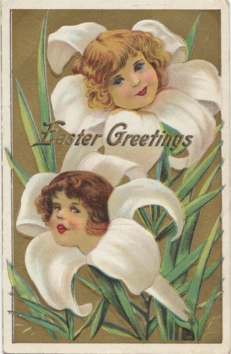 Postcard Easter Greetings Kids Children Lily Gilded Embossed Posted Montville  - Picture 1 of 2
