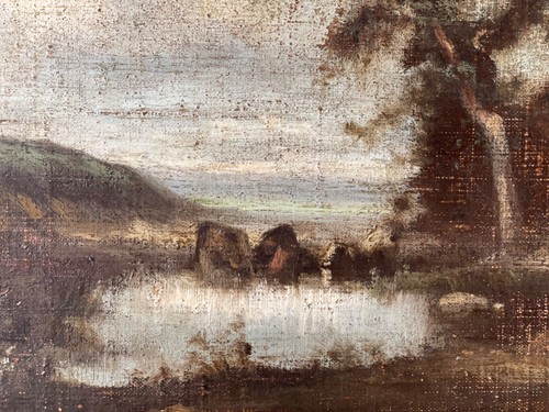 19th JULES DUPRE - FINE FRENCH BARBIZON OIL ON CANVAS - COWS AT THE POND - Picture 7 of 20