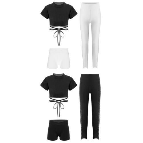 Kids Girls Outfit 3Pcs Set Athletic Suit Performance Fitness Dance Activewear - Picture 3 of 27