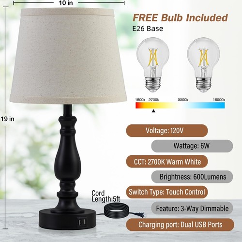 Lamps for Bedrooms Set of 2, Touch Bedside Table Lamp with USB Ports, 3 Way D... - Picture 4 of 8