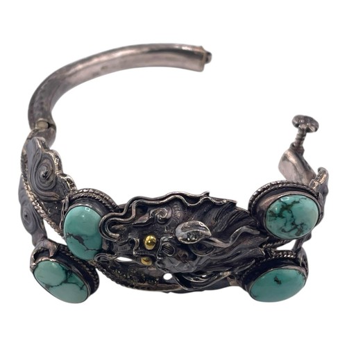Bracciale argento sterling 925 Kada Dragon Face turchese cerniera vite 41,5 g - Foto 13 di 23