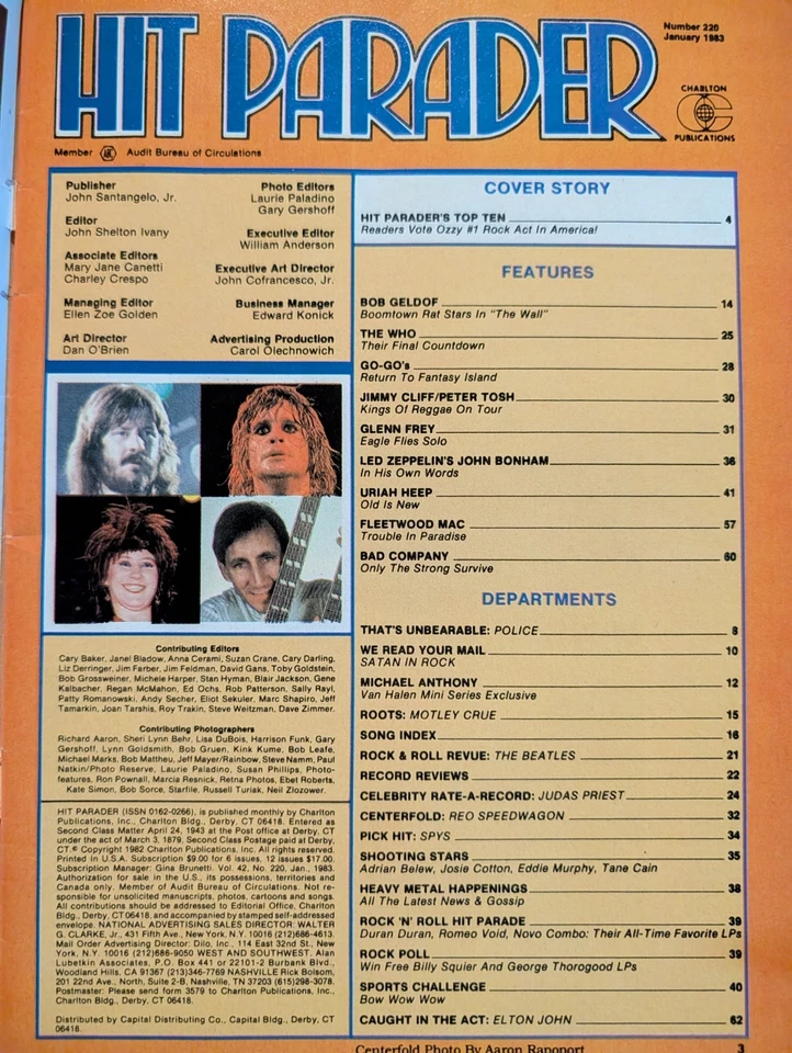 Hit Parader Magazine January 1983 Ozzy, Who, Led Zeppelin, Bad Company, Go-Go's  - Image 2 of 4
