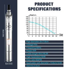 1HP 3" Deep Well Pump 164ft Submersible Pump 16GPM Stainless Steel 110V