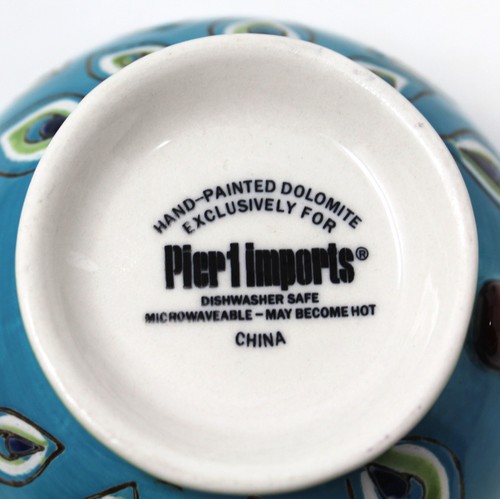 3 Pier 1 Imports Dolomite Peacock Hand Painted Footed Coffee Mugs Tea Cup 3-5/8" - Picture 7 of 7