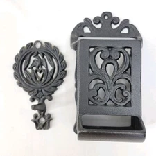 Vtg Cast Iron Hanging Wall Mounted Match Stick Box Safe Holder & Hook Lot Of 2
