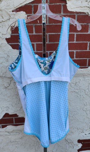 26W Long Lands End Blue Floral Plaid Check Gingham One Piece Swimsuit Soft Cup - Picture 9 of 11