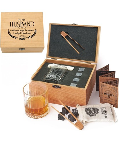 Customized Whiskey Glass & Stones Gift Wood Box Set For Husband-Anniversary-New - Picture 1 of 7