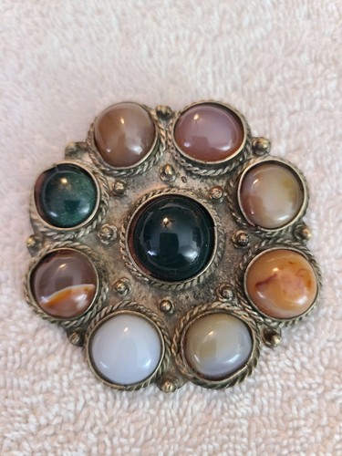 Antique Silver Tone Agate Cabochon Stone Shield Celtic Scottish Brooch Pin Pndnt - Picture 2 of 9