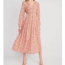Old Navy Dress M Peach Pink Floral Long Sleeve Casual Fall Boho Cottage Peasant