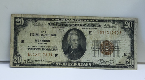 1929 $20 National Currency Richmond E01331259A Fine