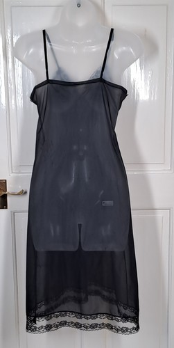 Sottoveste slip completo vintage, nylon scivoloso nero trasparente e pizzo, UK 10 - Foto 2 di 8