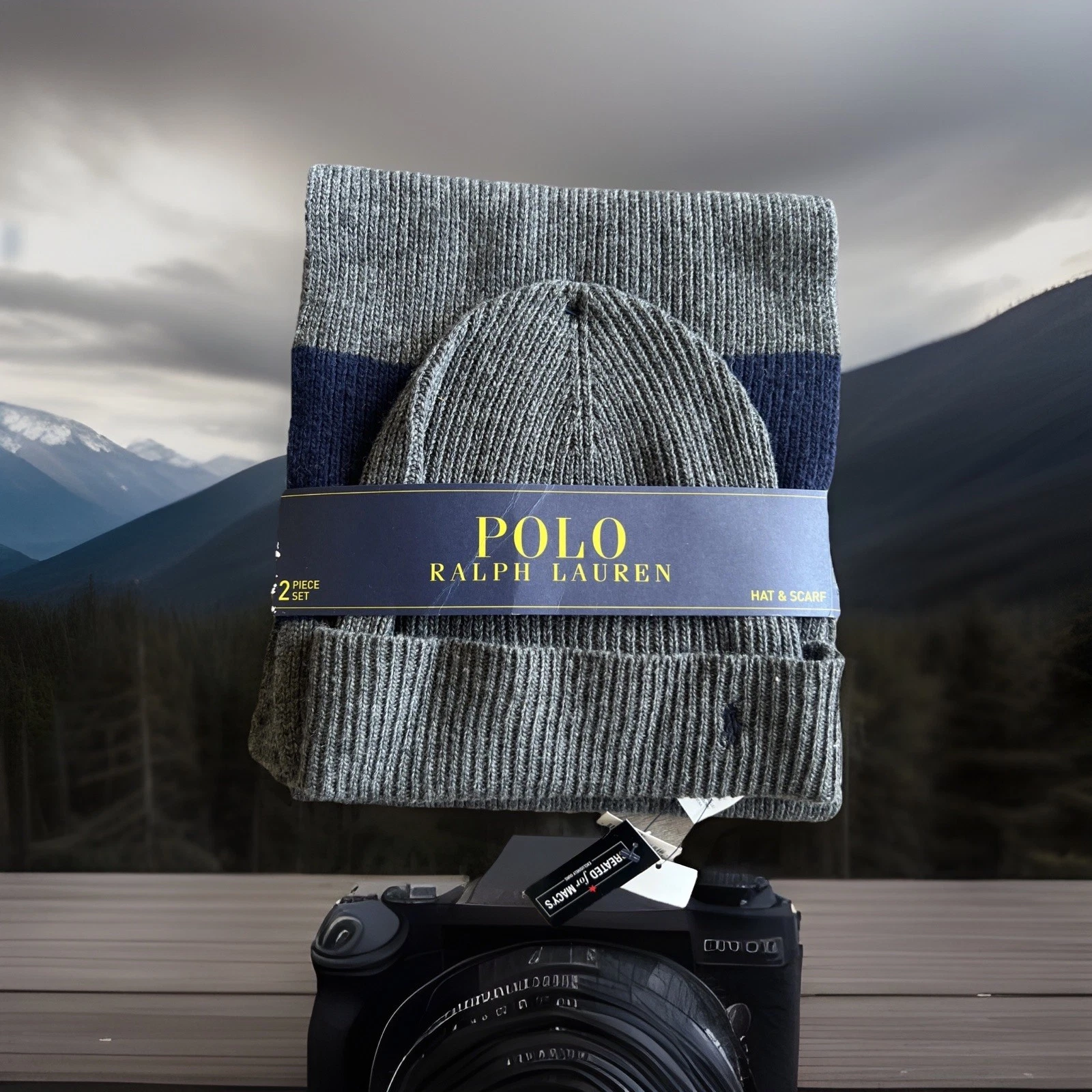Polo Ralph Lauren Men's Lambswool Blend Hat Scarf Set Charcoal Grey 2-Piece