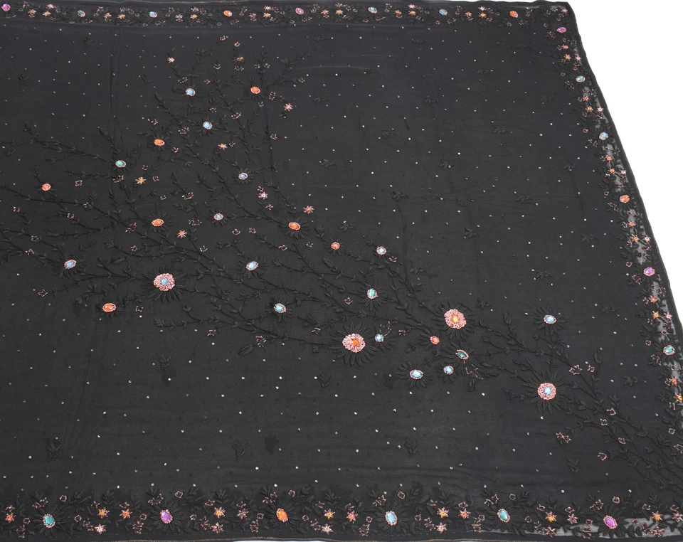 Sushila Vintage Black Classy Saree Pure Georgette Hand Embroidered Sari Fabric - Image 4 of 4