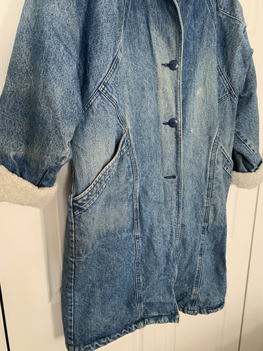 Giacca lunga vintage anni 70 80 denim sherpa foderata lavoro cappotto oversize cotone medio - Foto 3 di 12
