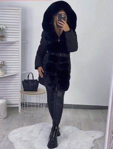 Black Luxury Faux Fur Belted Long Puffer Hoodie Coat Jacket Size 14🖤 - Picture 2 of 8